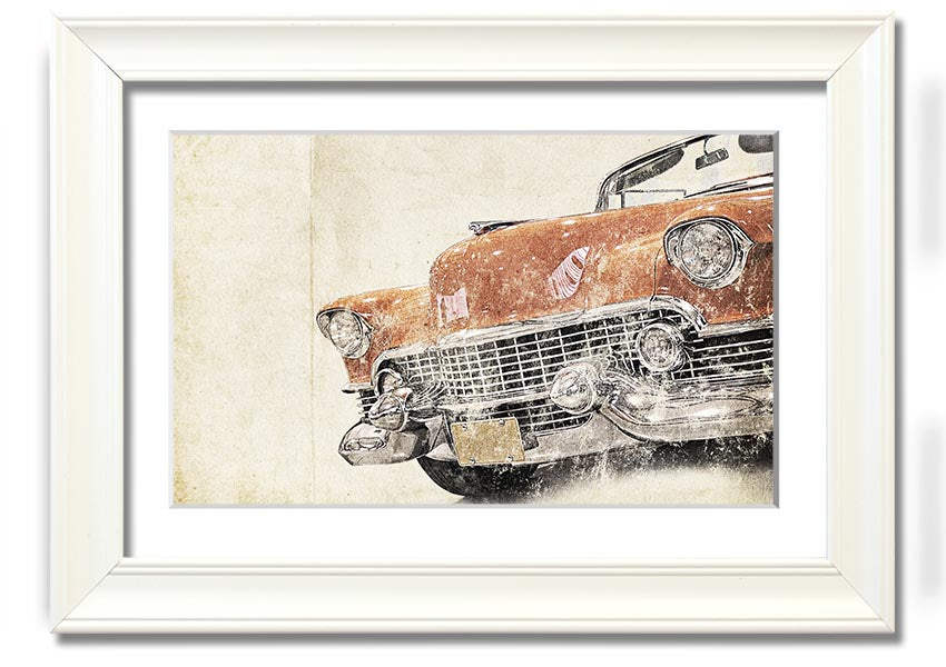 Framed watercolour print of an American muscle car, showcasing vibrant colors and intricate details.
