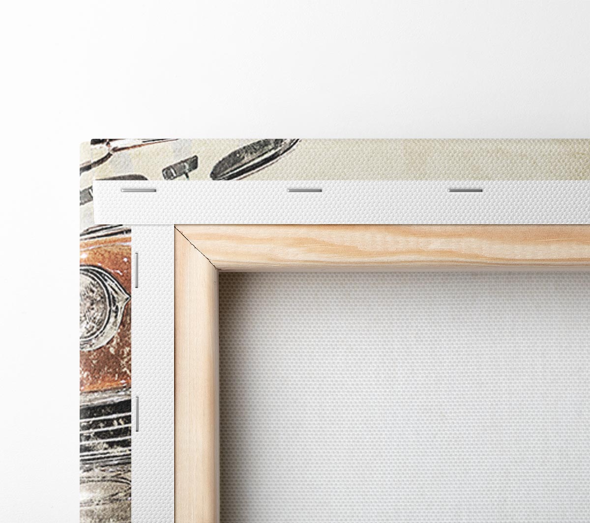 A vibrant watercolour painting of an American muscle car, mounted on a sturdy box frame, ready to hang on the wall.