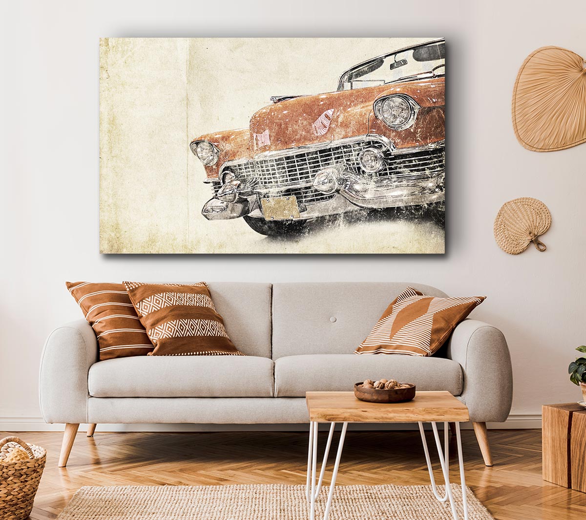 A vibrant watercolour painting of an American muscle car, mounted on a sturdy box frame, ready to hang on the wall.