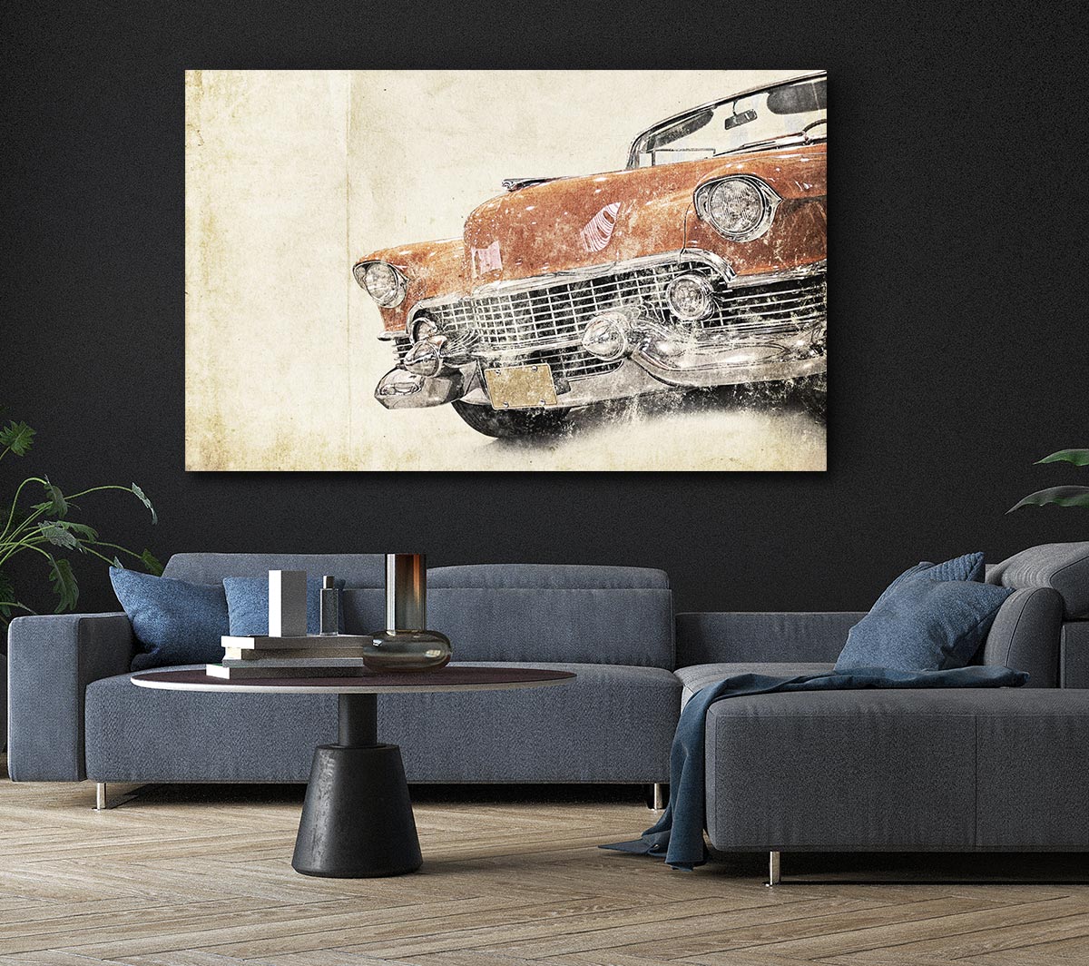 A vibrant watercolour painting of an American muscle car, mounted on a sturdy box frame, ready to hang on the wall.