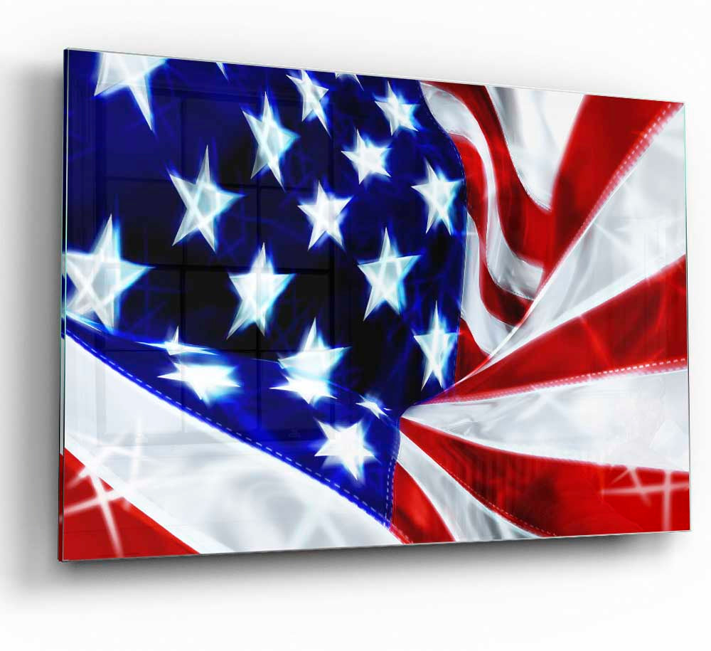 A modern glass print featuring the American Stars and Stripes flag design, showcasing vibrant colors and intricate details.