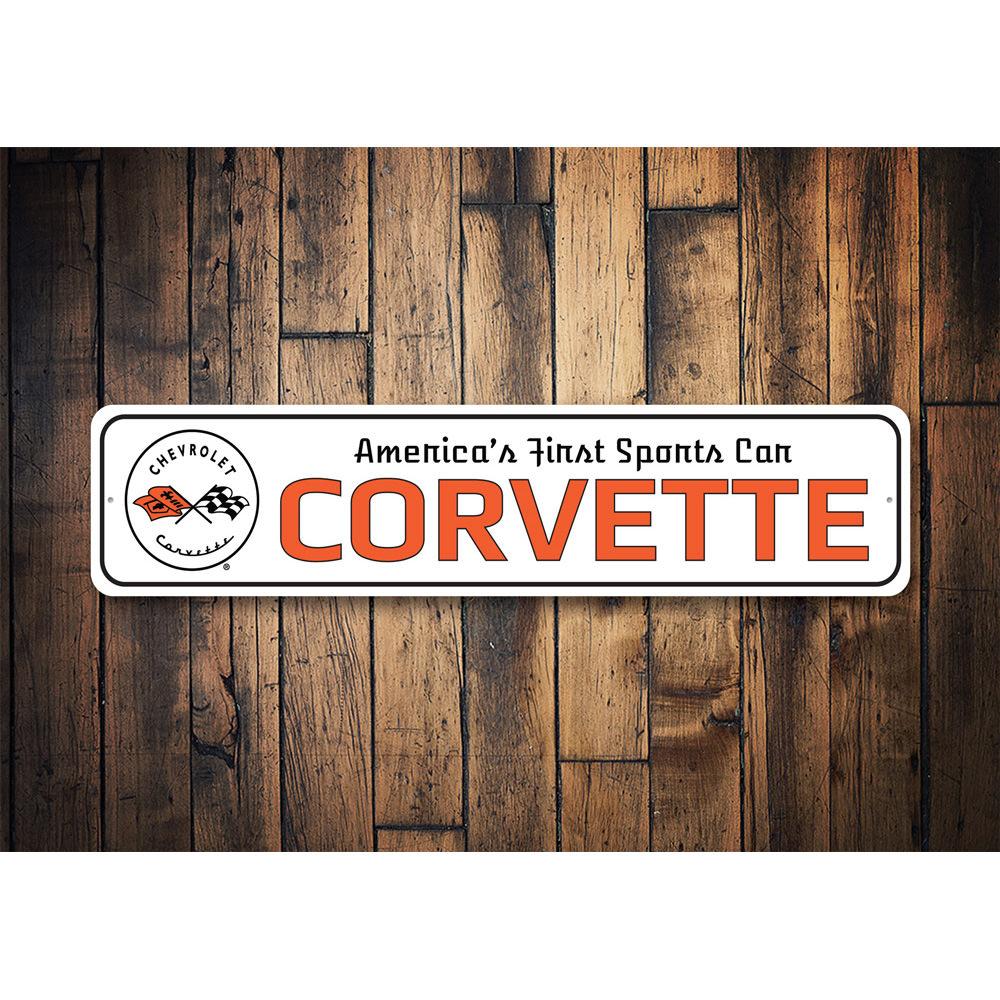 A vibrant metal sign featuring the Corvette Chevy logo, showcasing quality aluminum craftsmanship and customizable options.