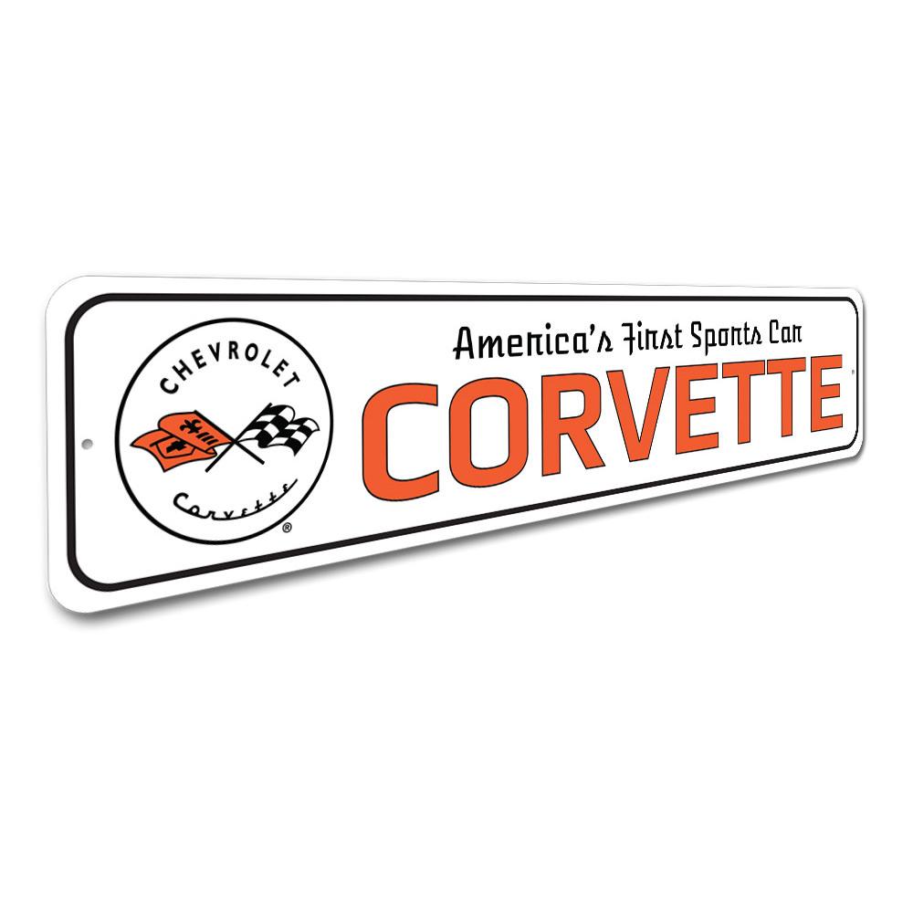 A vibrant metal sign featuring the Corvette Chevy logo, showcasing quality aluminum craftsmanship and customizable options.