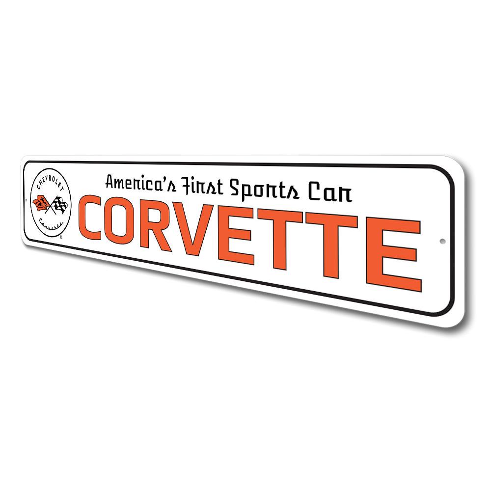 A vibrant metal sign featuring the Corvette Chevy logo, showcasing quality aluminum craftsmanship and customizable options.
