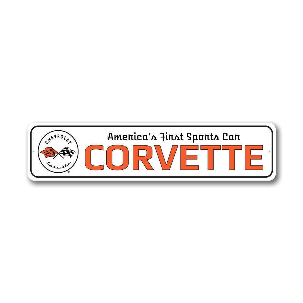 A vibrant metal sign featuring the Corvette Chevy logo, showcasing quality aluminum craftsmanship and customizable options.