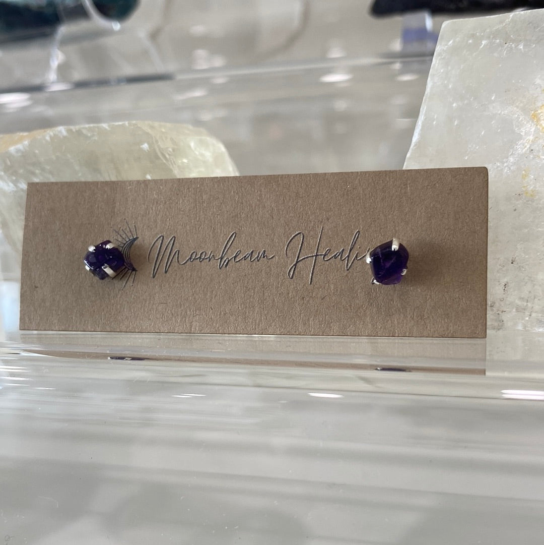 Amethyst Rough Cut Stud Sterling Silver Earrings showcasing unique purple gemstones set in elegant sterling silver.