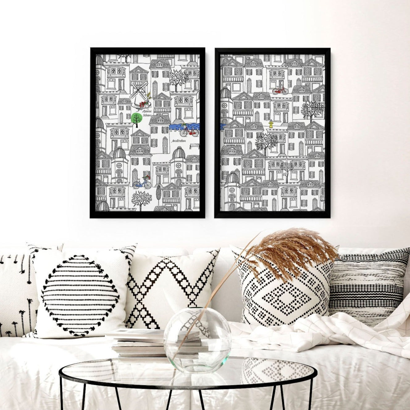 Set of 2 Amsterdam travel wall art posters featuring iconic landmarks in black and white, perfect for home decor.