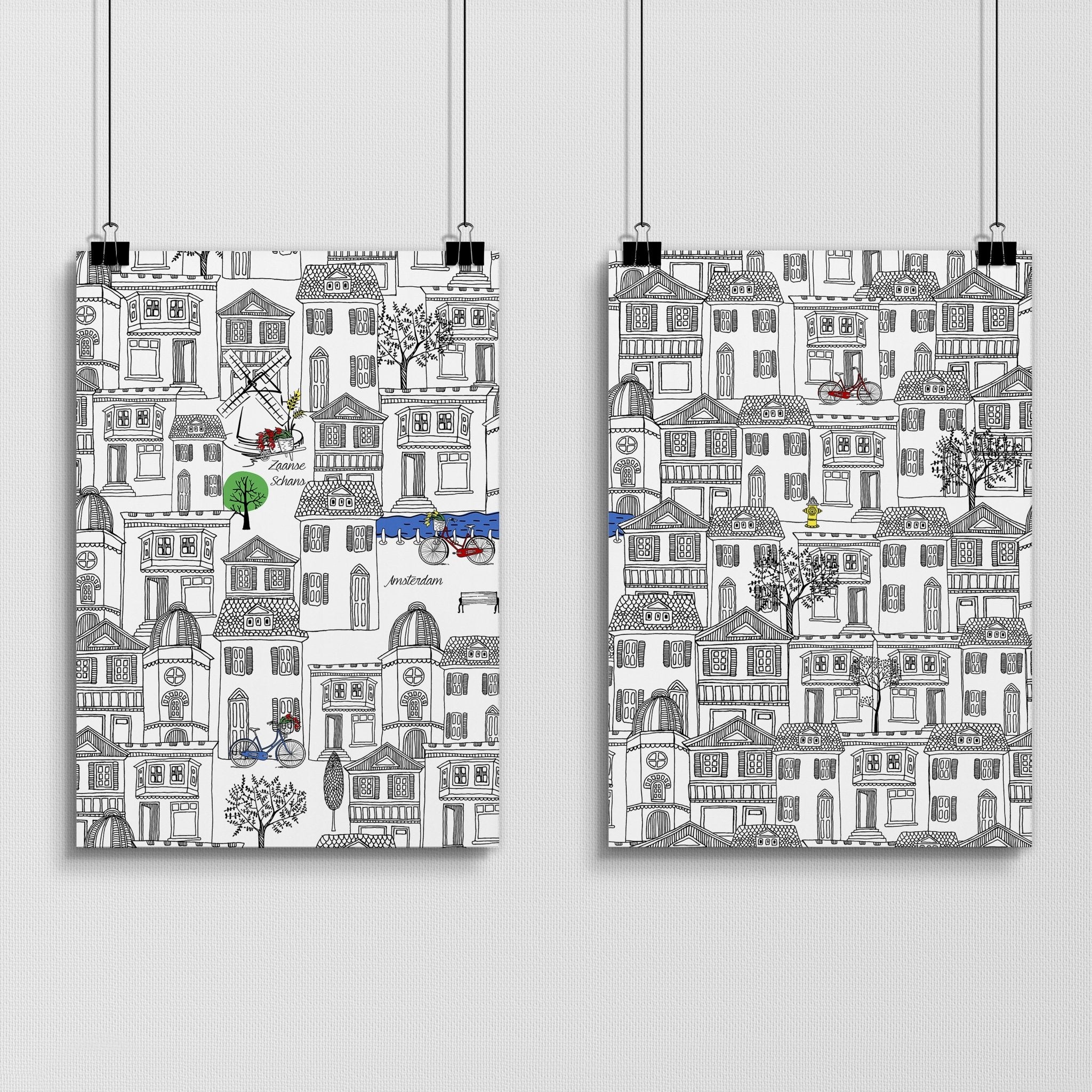 Set of 2 Amsterdam travel wall art posters featuring iconic landmarks in black and white, perfect for home decor.