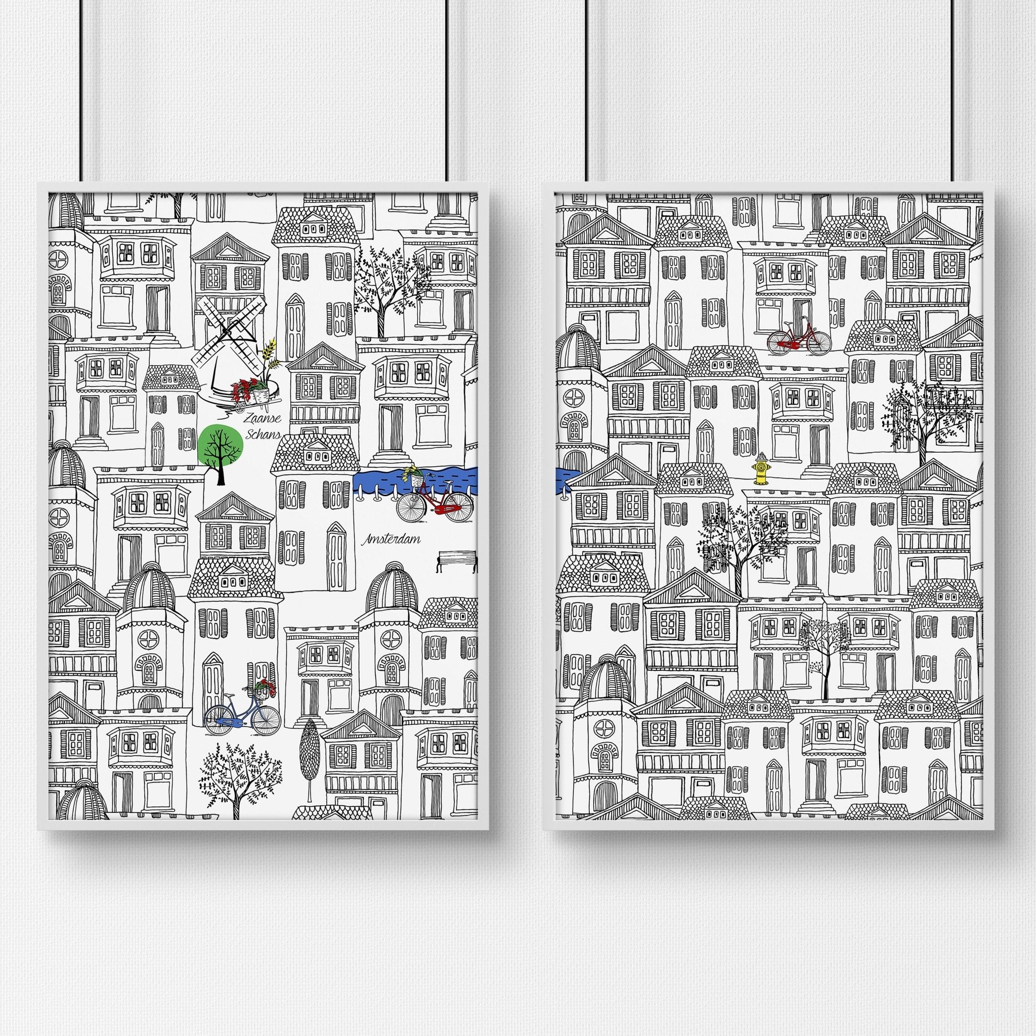 Set of 2 Amsterdam travel wall art posters featuring iconic landmarks in black and white, perfect for home decor.