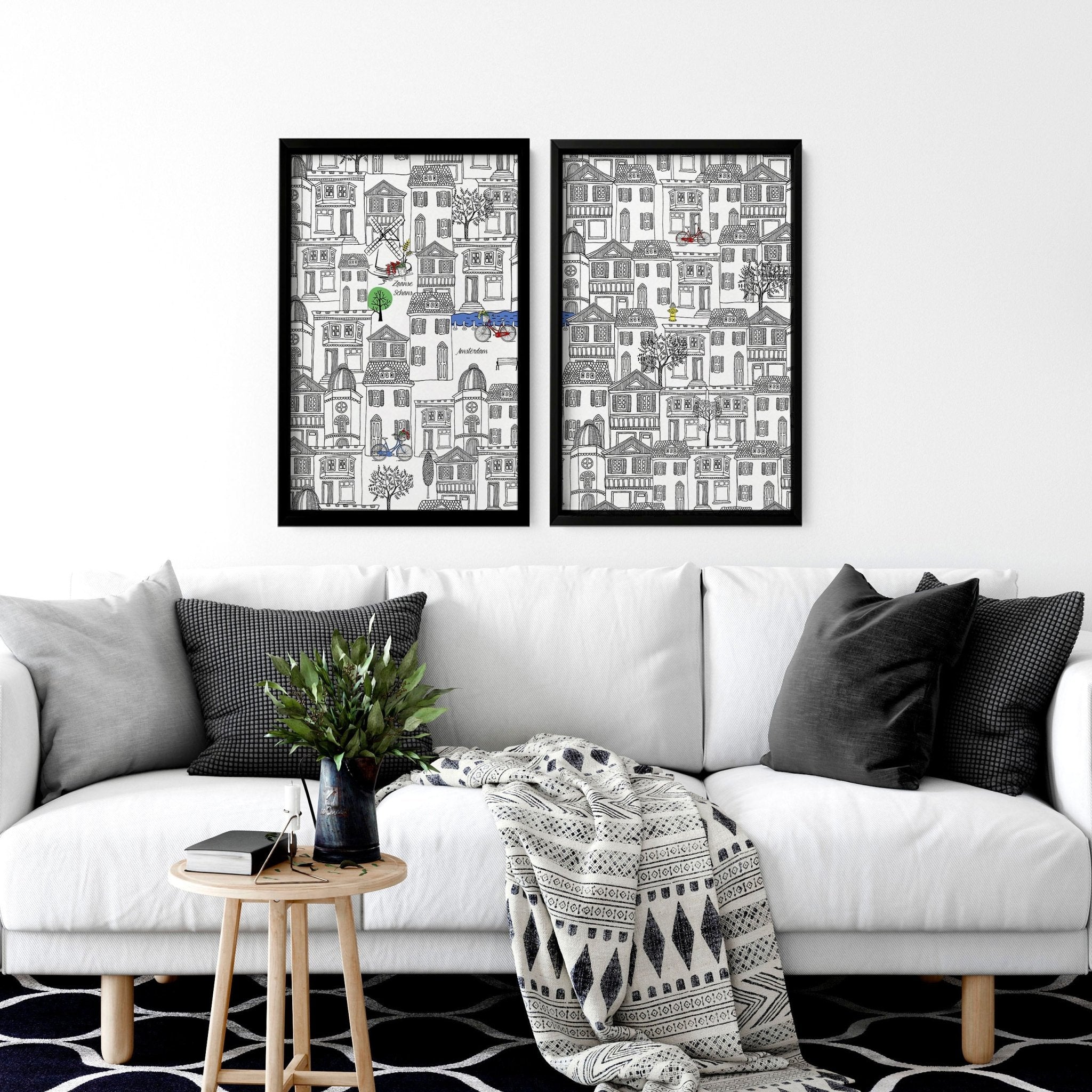 Set of 2 Amsterdam travel wall art posters featuring iconic landmarks in black and white, perfect for home decor.