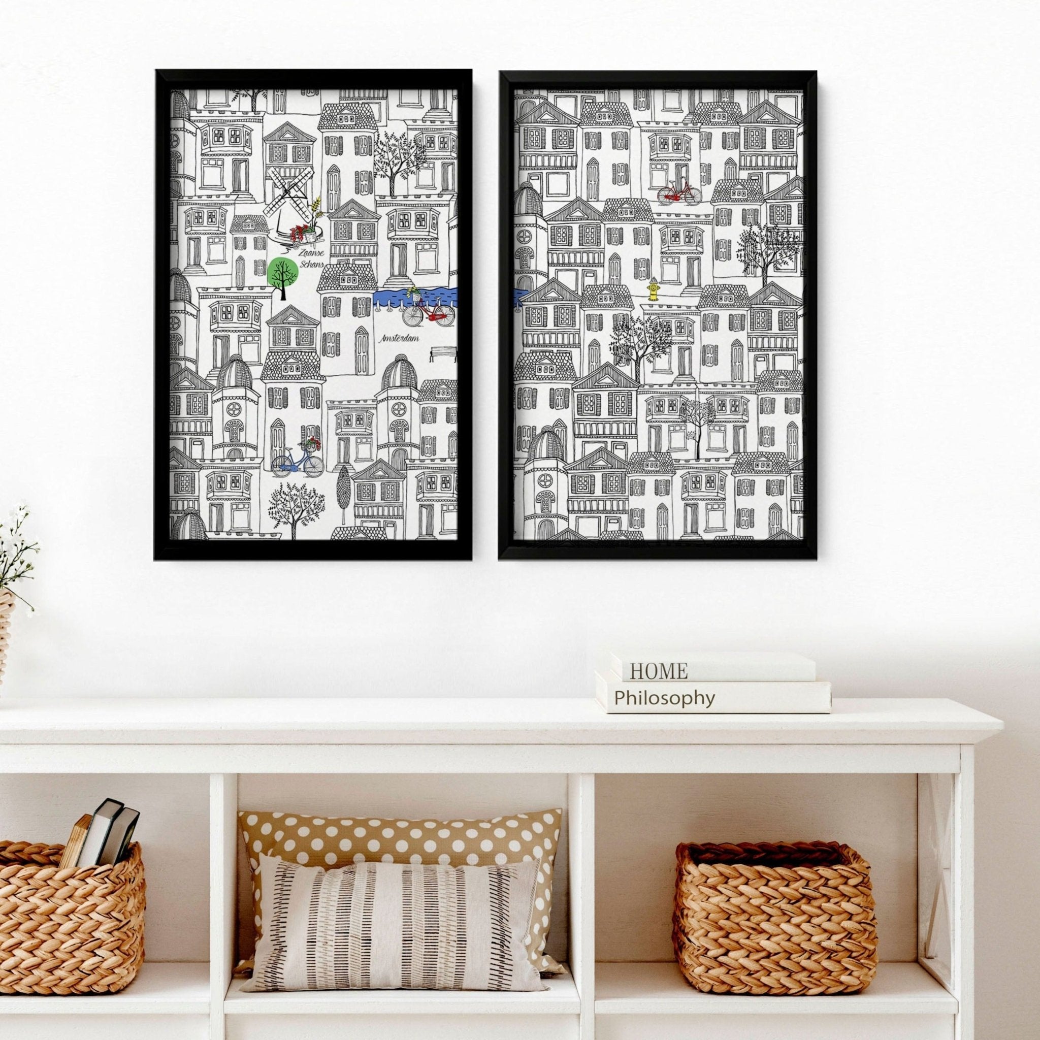 Set of 2 Amsterdam travel wall art posters featuring iconic landmarks in black and white, perfect for home decor.