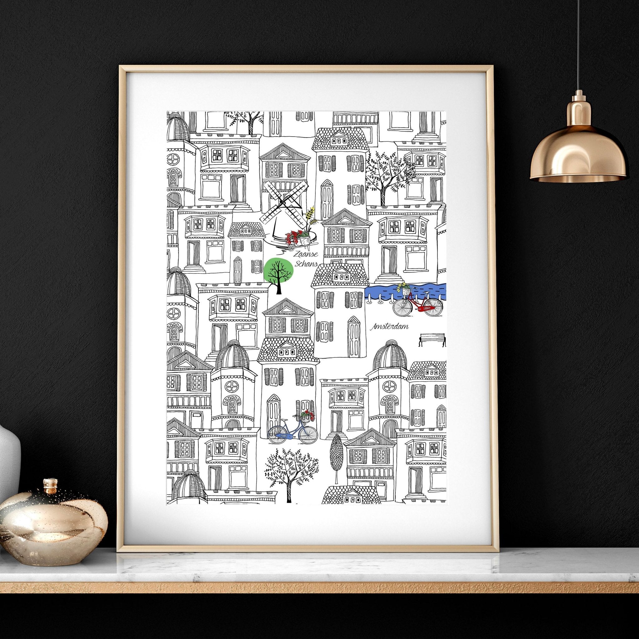 Set of 2 Amsterdam travel wall art posters featuring iconic landmarks in black and white, perfect for home decor.