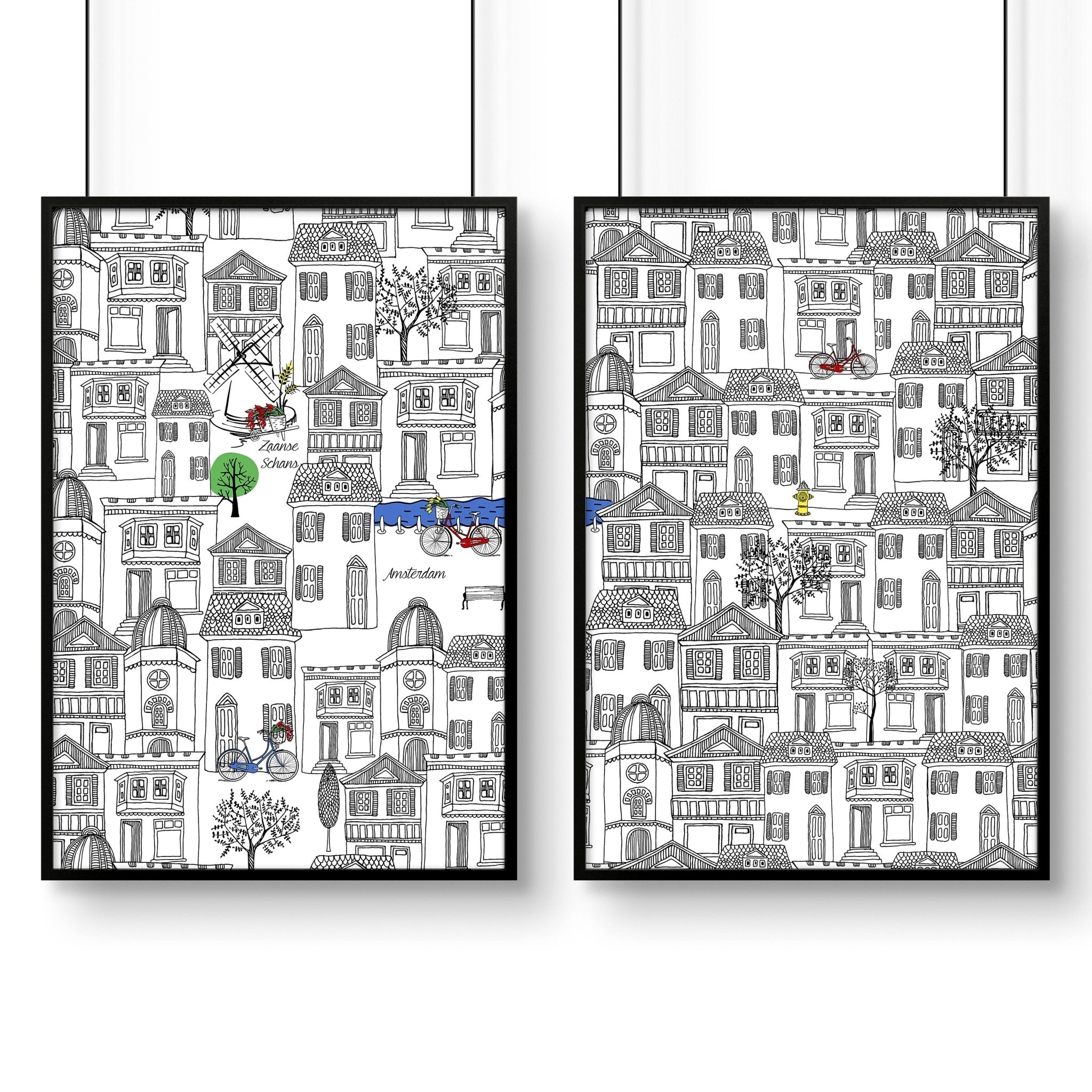 Set of 2 Amsterdam travel wall art posters featuring iconic landmarks in black and white, perfect for home decor.