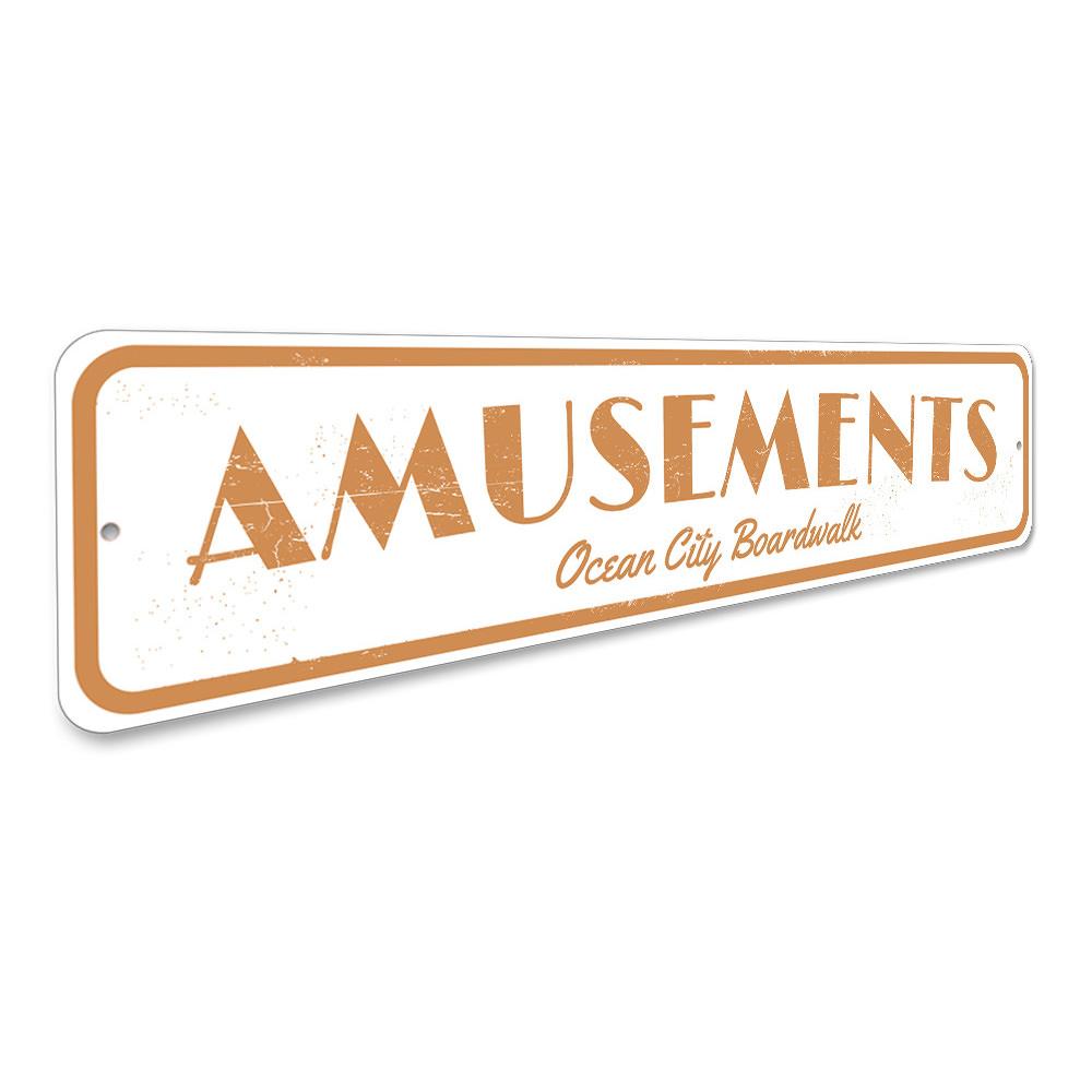 Customizable Amusements Sign made of high-quality aluminum, featuring beach-themed design, perfect for coastal decor.