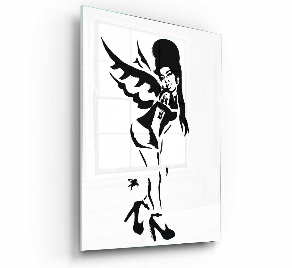 A modern glass print featuring Amy Winehouse with wings, showcasing vibrant colors and artistic design.