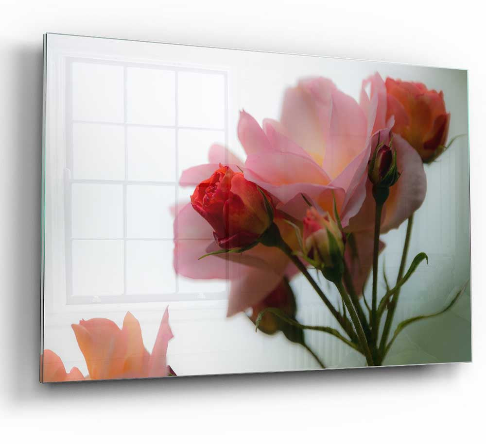 A modern glass print featuring an array of vibrant pink flowers, perfect for home decor.