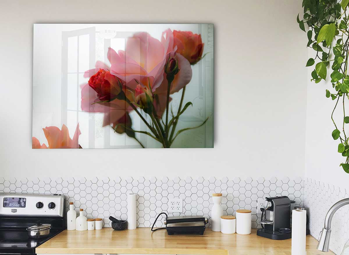 A modern glass print featuring an array of vibrant pink flowers, perfect for home decor.