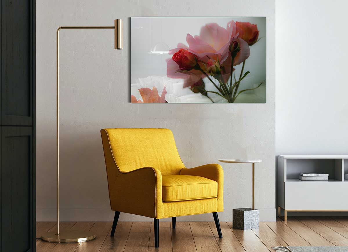 A modern glass print featuring an array of vibrant pink flowers, perfect for home decor.