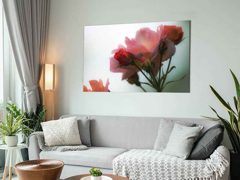 A vibrant array of pink flowers printed on brushed aluminium dibond, showcasing modern art with a sleek finish.