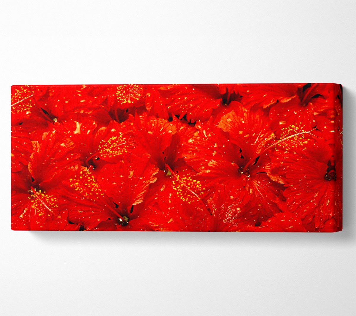Canvas art featuring vibrant red leaves on a coated polyester surface, mounted on a sturdy 44mm box frame, ready to hang.