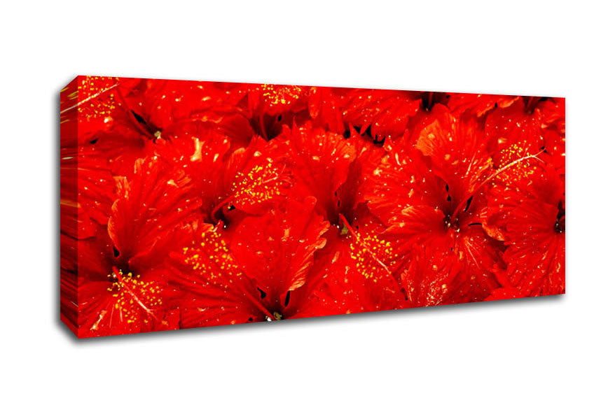 Canvas art featuring vibrant red leaves on a coated polyester surface, mounted on a sturdy 44mm box frame, ready to hang.