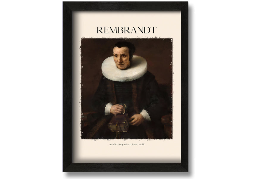 A detailed canvas print of Rembrandt's 'An Old Lady With A Book', showcasing an elderly woman reading.