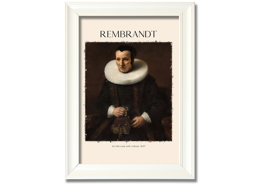 A detailed canvas print of Rembrandt's 'An Old Lady With A Book', showcasing an elderly woman reading.