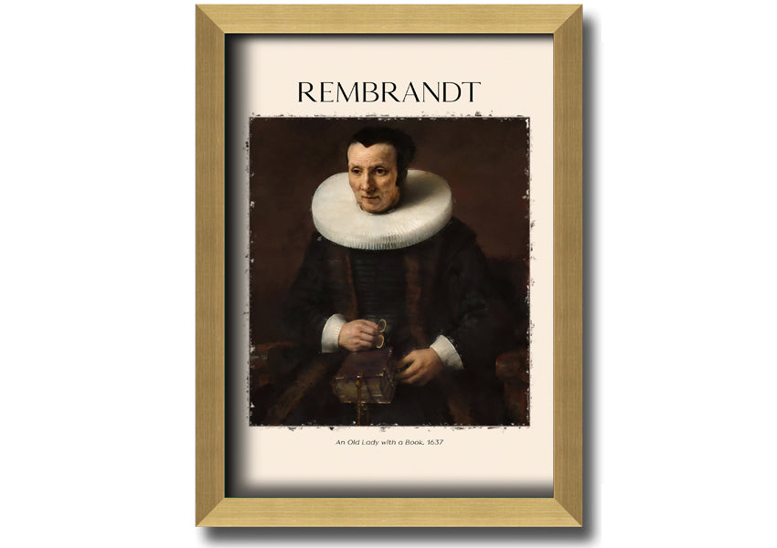 A detailed canvas print of Rembrandt's 'An Old Lady With A Book', showcasing an elderly woman reading.
