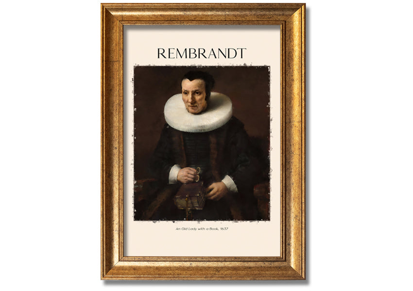 A detailed canvas print of Rembrandt's 'An Old Lady With A Book', showcasing an elderly woman reading.