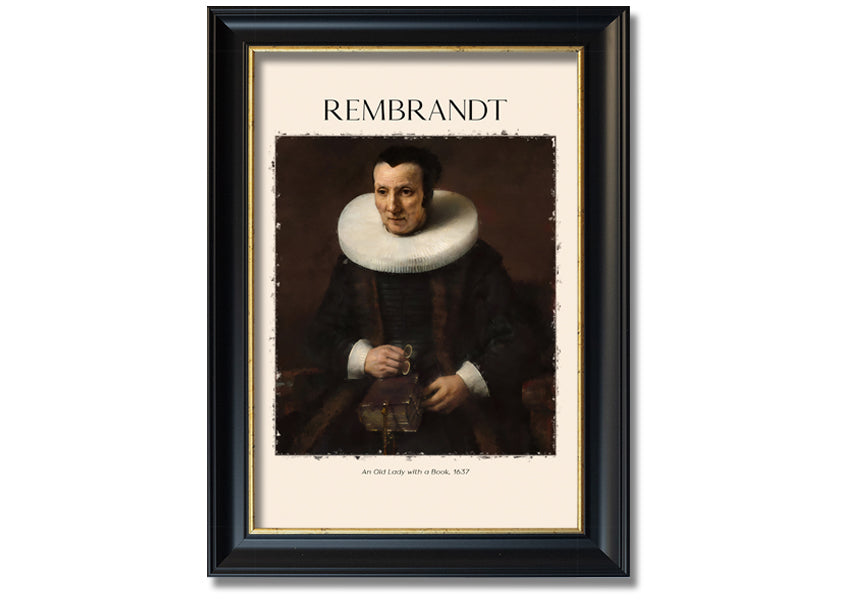 A detailed canvas print of Rembrandt's 'An Old Lady With A Book', showcasing an elderly woman reading.
