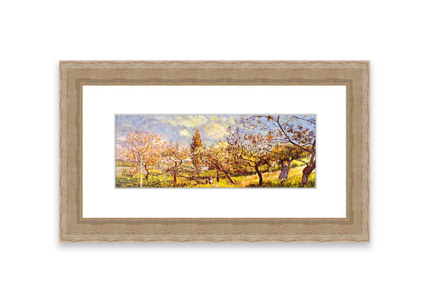 Framed print of 'An Orchard In Spring' by Sisley, showcasing vibrant spring colors and blooming trees.
