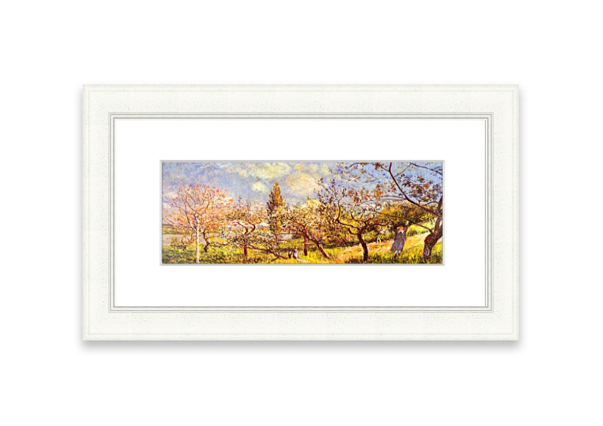 Framed print of 'An Orchard In Spring' by Sisley, showcasing vibrant spring colors and blooming trees.