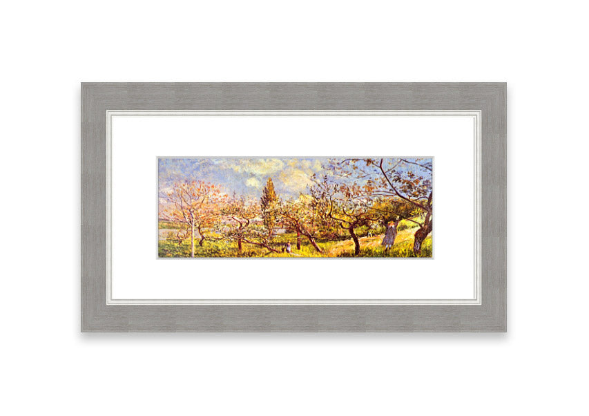 Framed print of 'An Orchard In Spring' by Sisley, showcasing vibrant spring colors and blooming trees.
