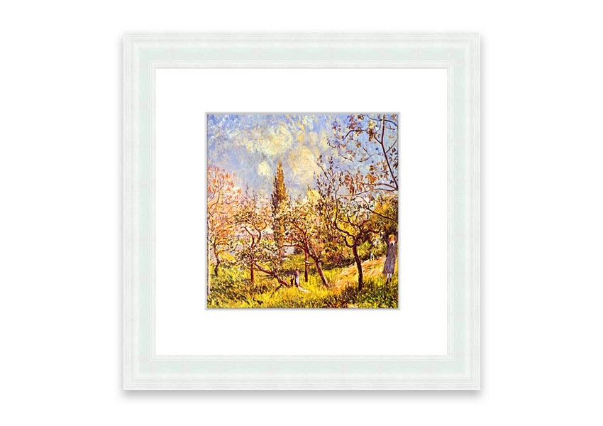 Framed print of 'An Orchard In Spring' by Sisley, showcasing vibrant spring colors and blooming trees.