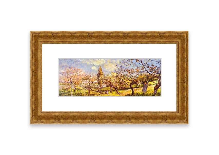 Framed print of 'An Orchard In Spring' by Sisley, showcasing vibrant spring colors and blooming trees.