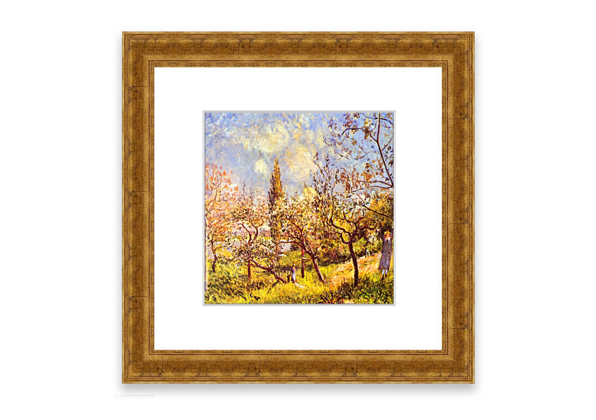 Framed print of 'An Orchard In Spring' by Sisley, showcasing vibrant spring colors and blooming trees.