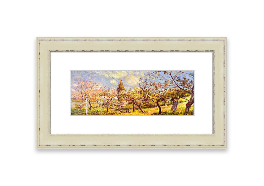 Framed print of 'An Orchard In Spring' by Sisley, showcasing vibrant spring colors and blooming trees.