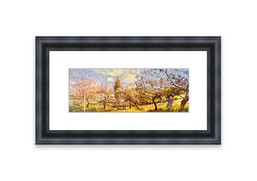 Framed print of 'An Orchard In Spring' by Sisley, showcasing vibrant spring colors and blooming trees.