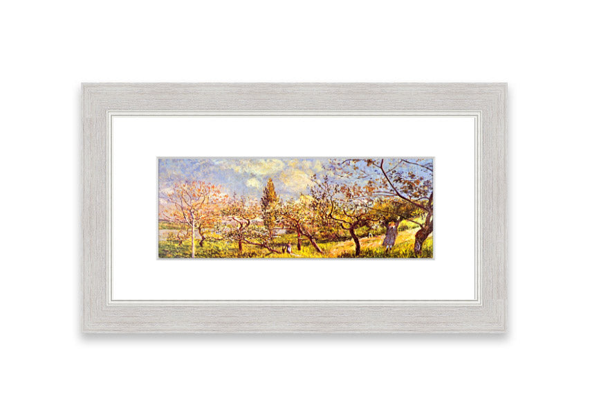 Framed print of 'An Orchard In Spring' by Sisley, showcasing vibrant spring colors and blooming trees.