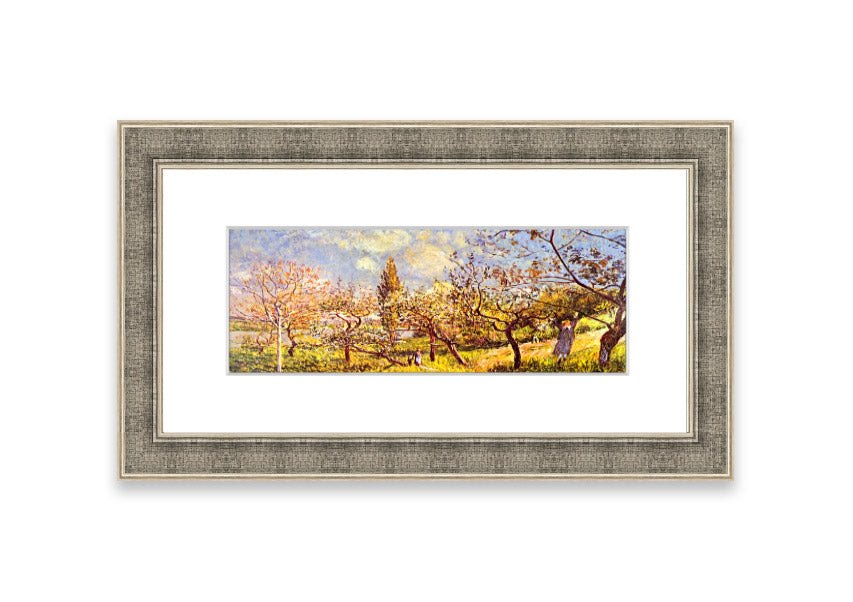 Framed print of 'An Orchard In Spring' by Sisley, showcasing vibrant spring colors and blooming trees.
