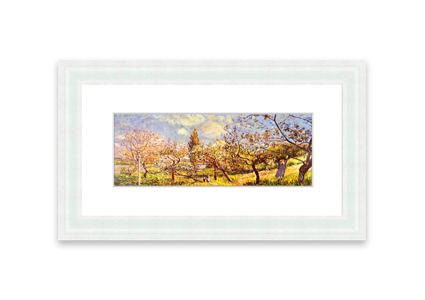 Framed print of 'An Orchard In Spring' by Sisley, showcasing vibrant spring colors and blooming trees.