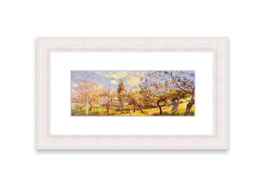 Framed print of 'An Orchard In Spring' by Sisley, showcasing vibrant spring colors and blooming trees.