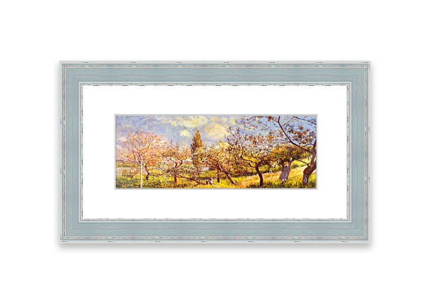 Framed print of 'An Orchard In Spring' by Sisley, showcasing vibrant spring colors and blooming trees.