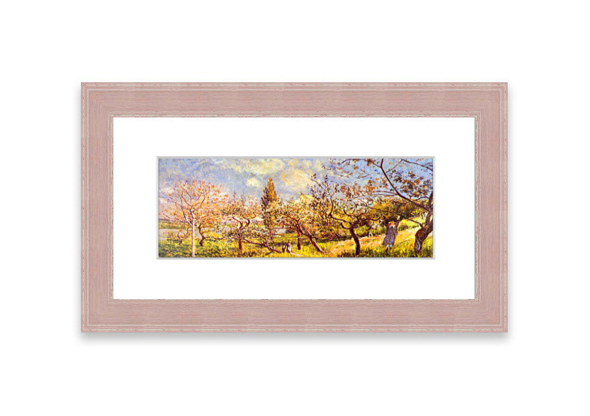 Framed print of 'An Orchard In Spring' by Sisley, showcasing vibrant spring colors and blooming trees.