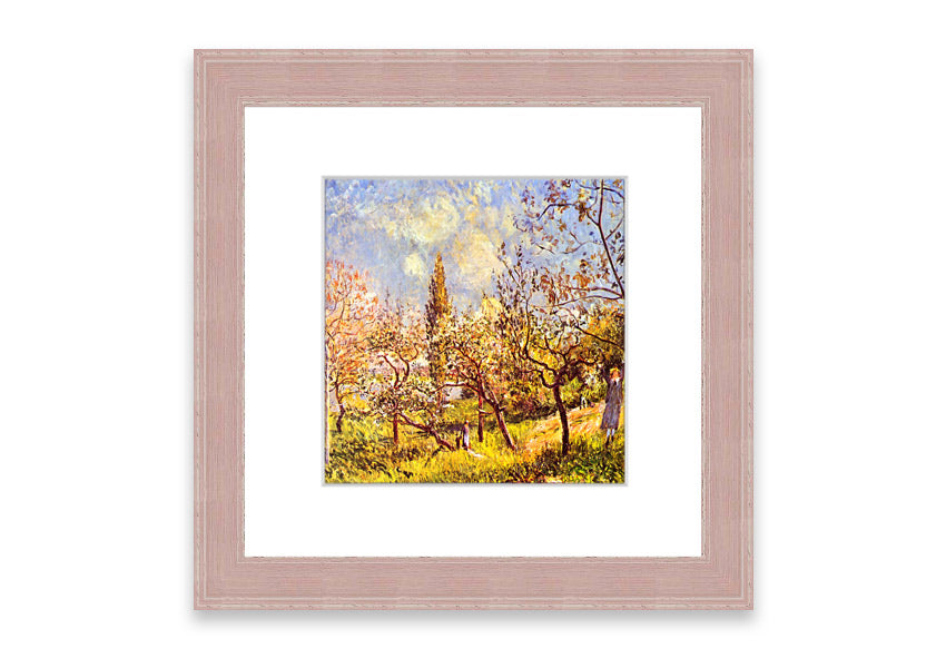 Framed print of 'An Orchard In Spring' by Sisley, showcasing vibrant spring colors and blooming trees.