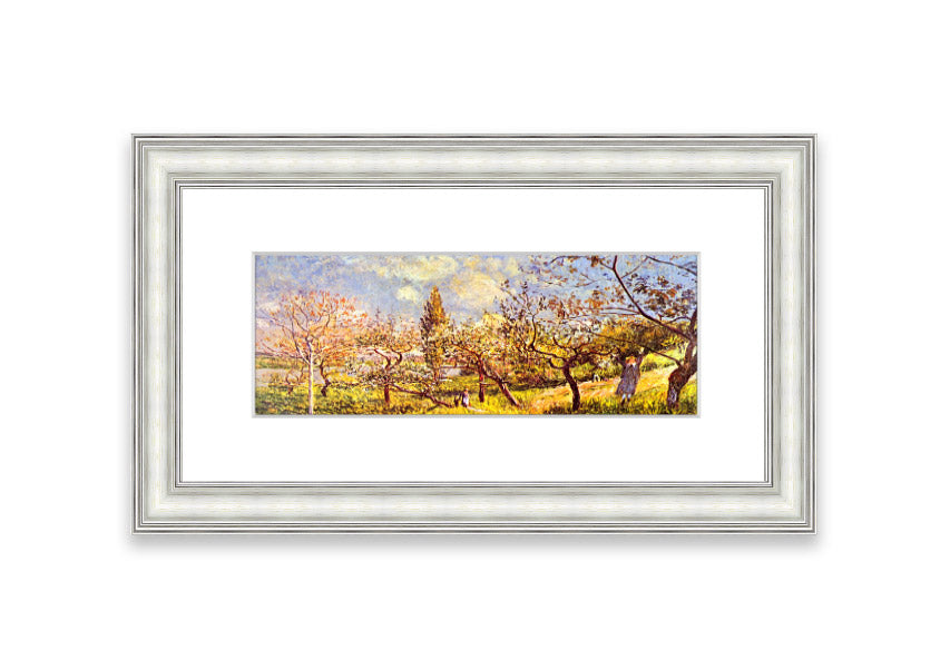 Framed print of 'An Orchard In Spring' by Sisley, showcasing vibrant spring colors and blooming trees.