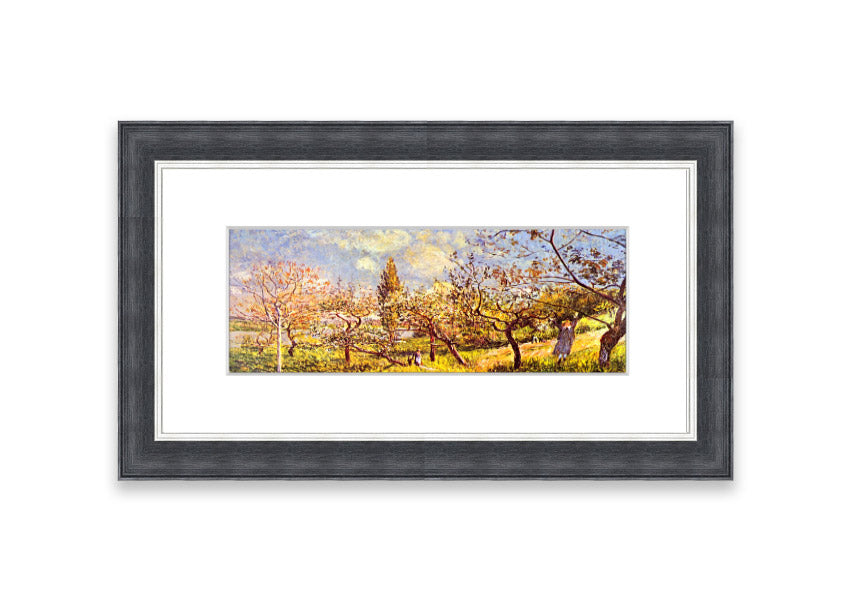 Framed print of 'An Orchard In Spring' by Sisley, showcasing vibrant spring colors and blooming trees.