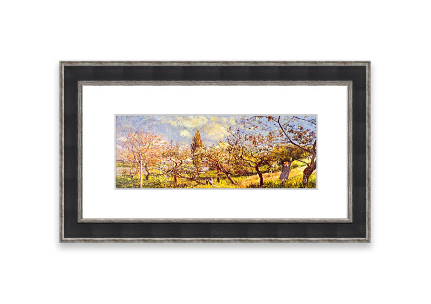 Framed print of 'An Orchard In Spring' by Sisley, showcasing vibrant spring colors and blooming trees.