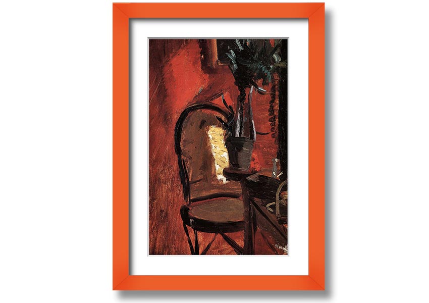 Framed print of Anna Ancher's chair artwork with a plant in front of a red wall, showcasing vibrant colors and artistic detail.