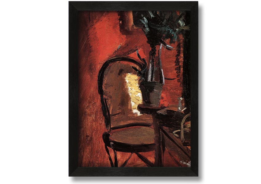 Framed print of Anna Ancher's chair artwork with a plant in front of a red wall, showcasing vibrant colors and artistic detail.